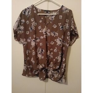 West Kei Womens V-Neck Front Knot Floral Blouse Olive Brown Short Sleeve Top M